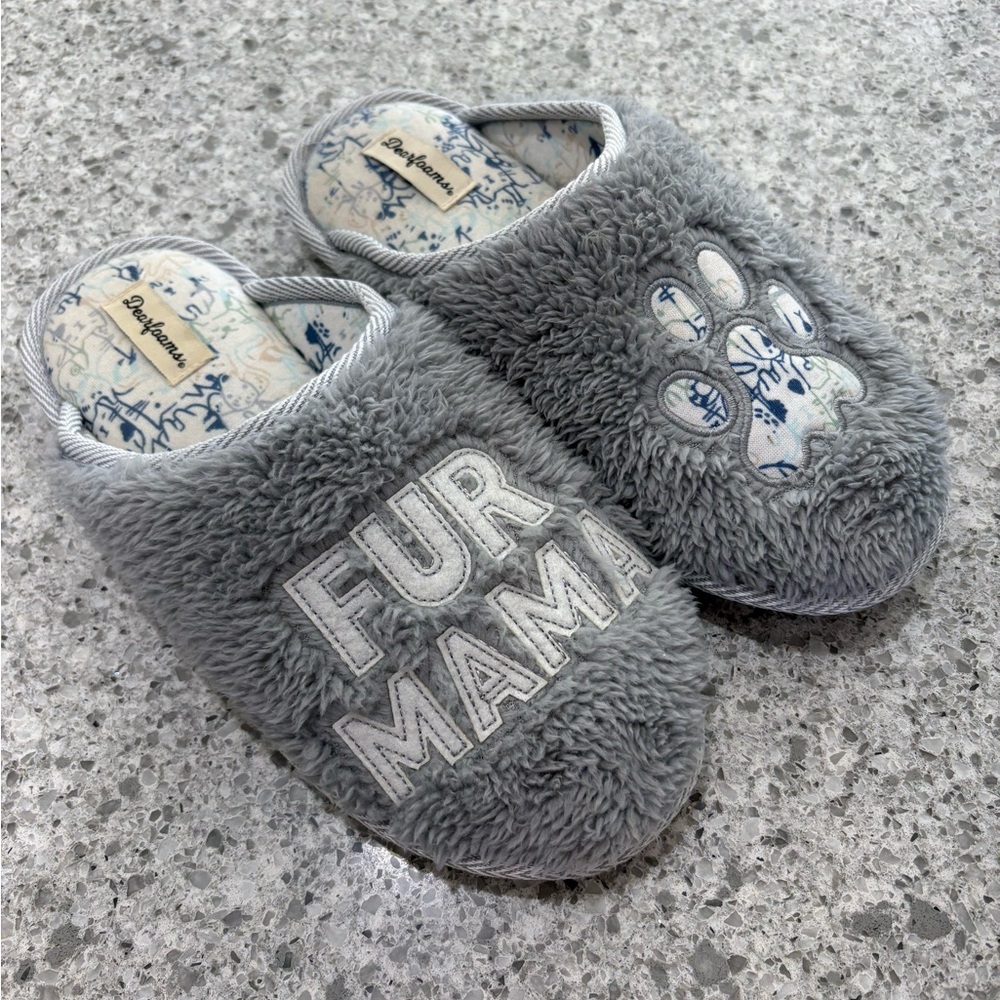 Dearfoams Women’s Fur Mama Memory Foam Gray Scuff Cozy Slipper Size 9-10